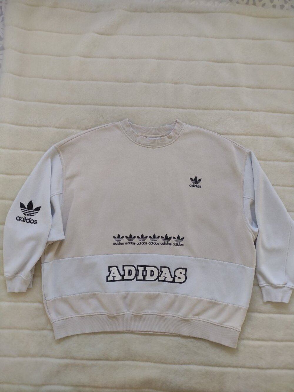 Adidas Men's Sweatshirt Large Oversized Beige White Trefoil Spell-Out